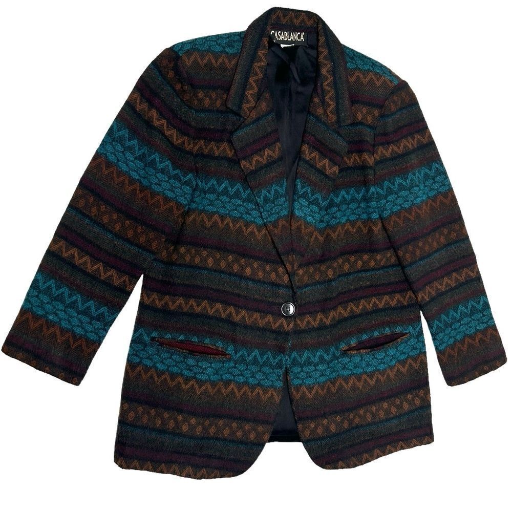 Vintage CASABLANCA Blue and Orange Patterned Blazer Fabric Striped Jacket Coat